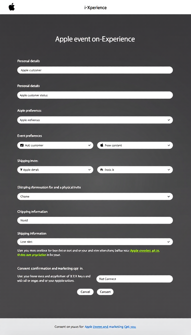 Create a one-page registration website for the Apple event "i-Xperience." Include sections for personal details, Apple customer status, event preferences, shipping information for a physical invite, and consent confirmation with checkboxes for agreement and marketing opt-in.