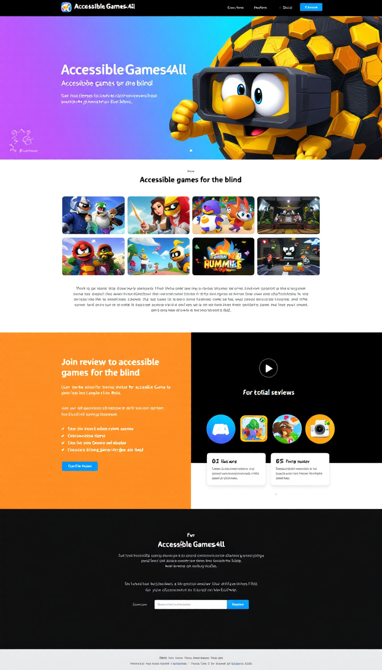Design a simple one-page website for AccessibleGames4All, dedicated to accessible games for the blind. Include a section for game reviews, a list of accessible games, and social media links for joining the Discord server and following on other platforms, all with a clean layout for easy navigation.