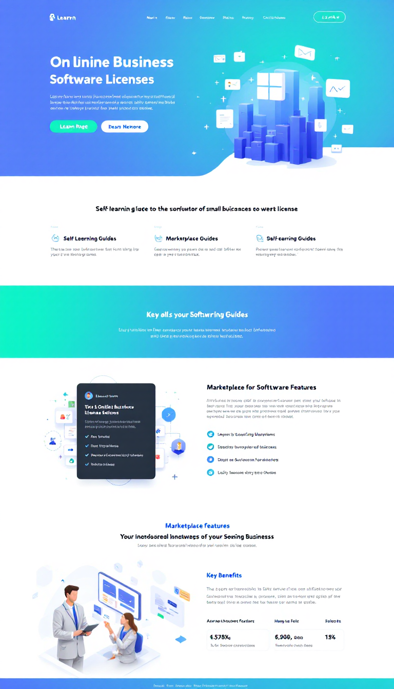 Design a simple one-page LEARN PAGE for an Online Business Marketplace specializing in software licenses for small and medium businesses. Include sections for self-learning guides, marketplace features, and key benefits, all presented with sleek navigation for easy access. The layout should be clean and modern, focusing on clarity and user engagement.