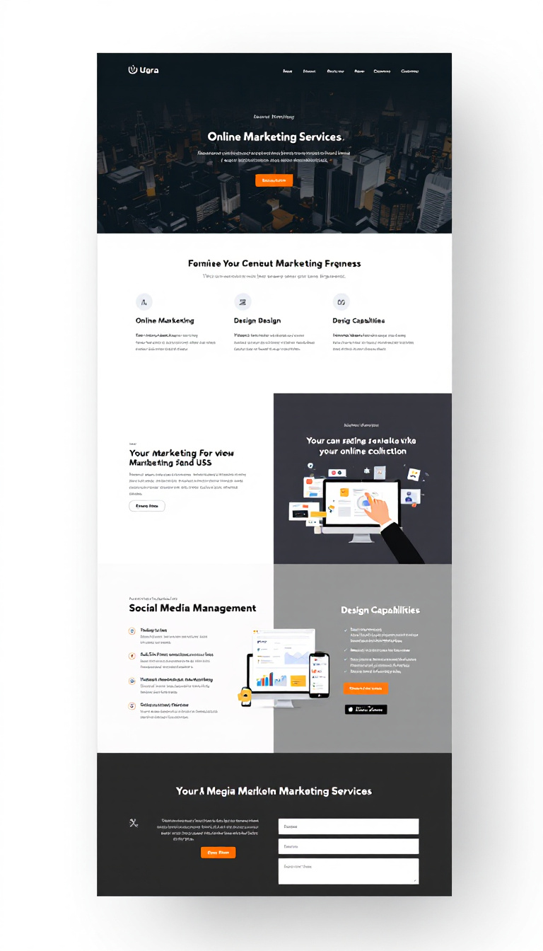Generate a simple one-page website design for Ugra Marketing, showcasing their online marketing services, design capabilities, and social media management offerings. The layout should be clean and user-friendly.