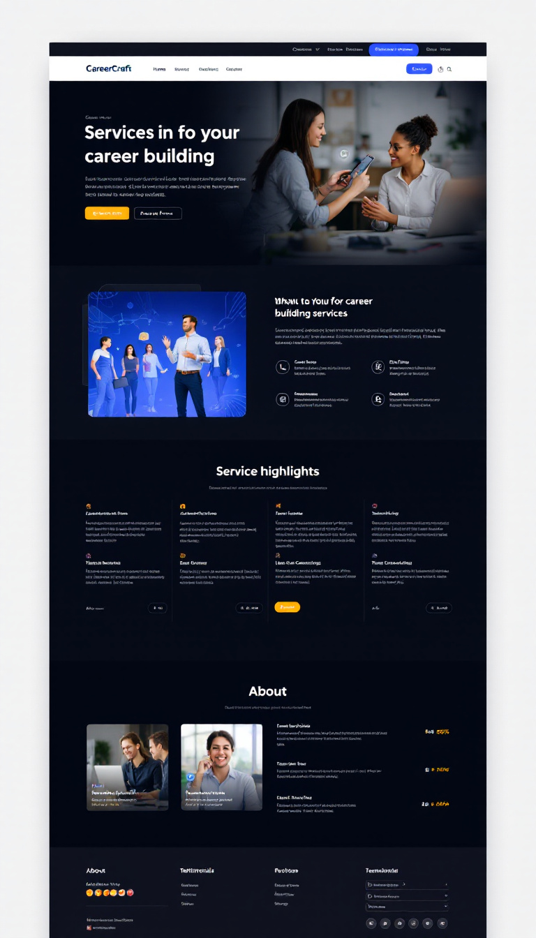 Create a professional one-page responsive website named CareerCraft that focuses on career-building services. The site should feature a contact form, a floating WhatsApp button, service highlights with pricing, testimonials, and an about section, all designed with a cohesive color palette and smooth animations for an engaging user experience.