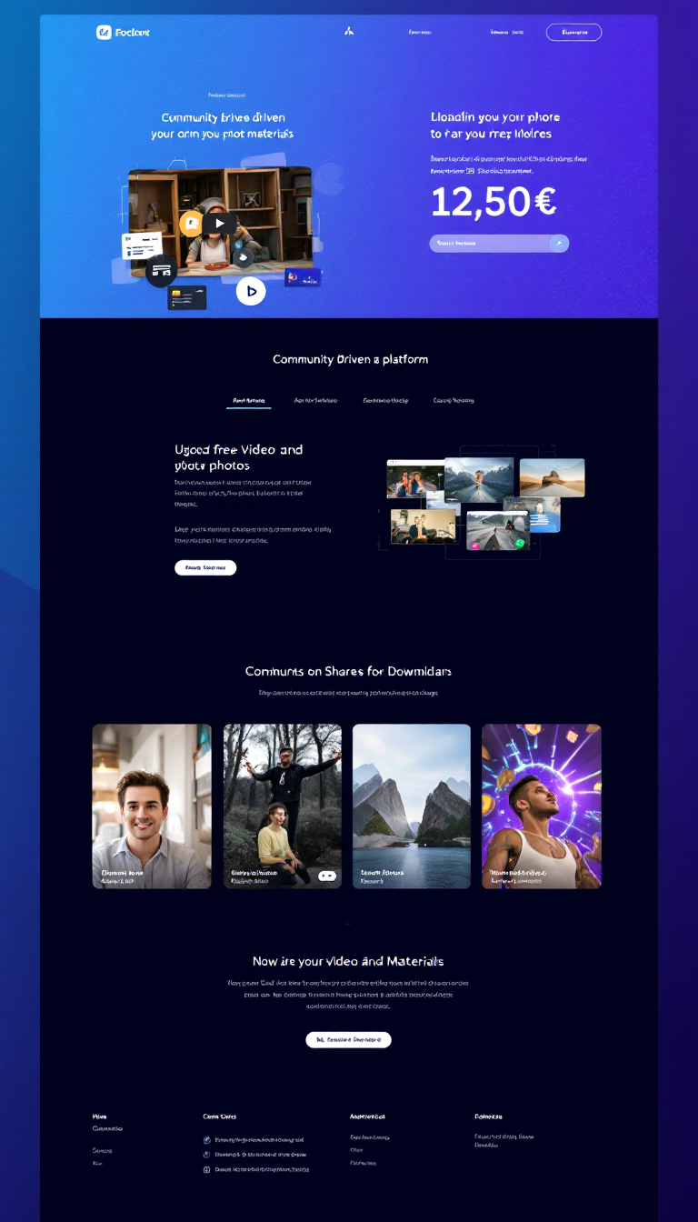 Design a one-page website for a community-driven platform that allows users to share free video and photo materials. The site should feature a user-friendly interface for easy uploading, sharing, and downloading, with seamless integration of Amazon S3 for secure cloud storage. Emphasize a clean, intuitive design that supports content categorization and discovery, encouraging collaboration and accessibility within the community.