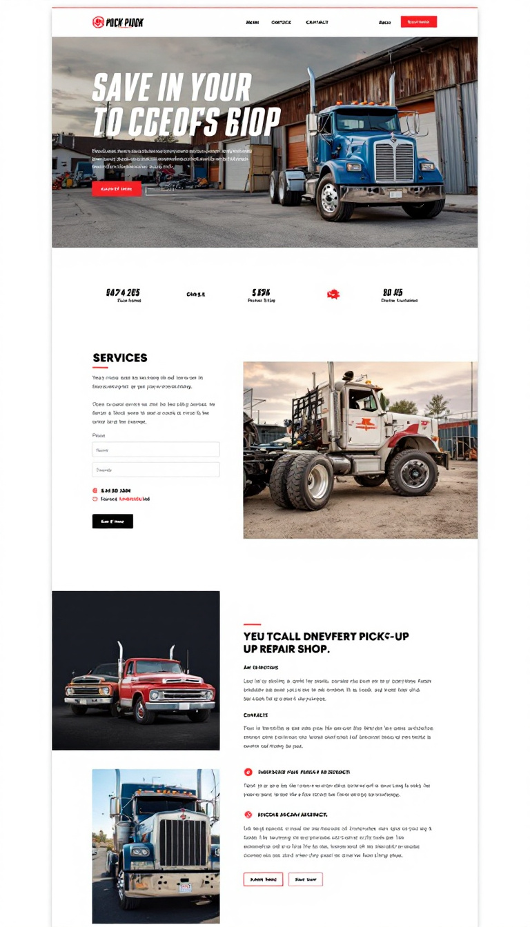 Design a simple and clean one-page website for a pick-up repair shop, highlighting services, contact information, and a brief description of the shop. Include an engaging layout and attractive visuals related to pick-up trucks.