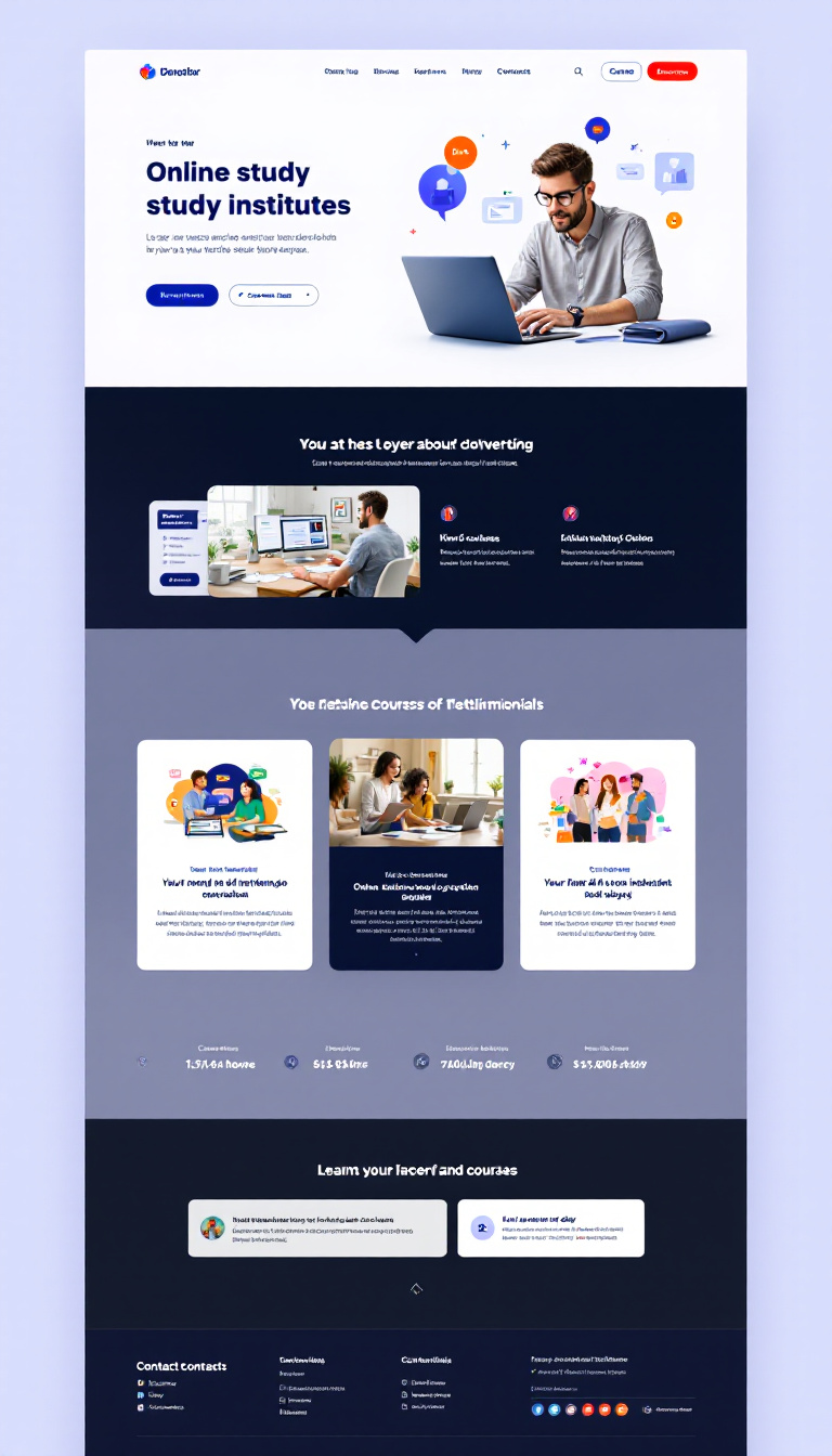 Create a sleek one-page website design for an online study institute, featuring sections for courses, testimonials, and contact information, all presented in a modern and clean layout.