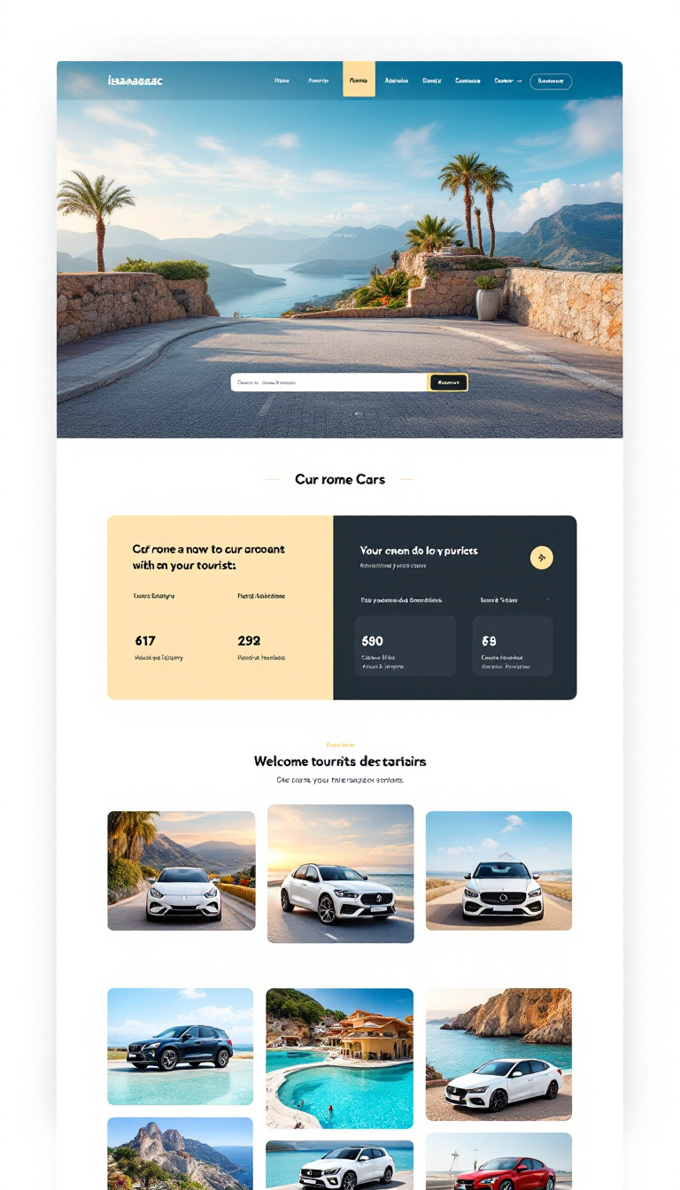 Create a modern, one-page website for a car rental business named 'isaaaaaaac,' designed for tourists. The site should include a gallery showcasing available cars, intuitive navigation, and visually appealing elements for easy browsing.