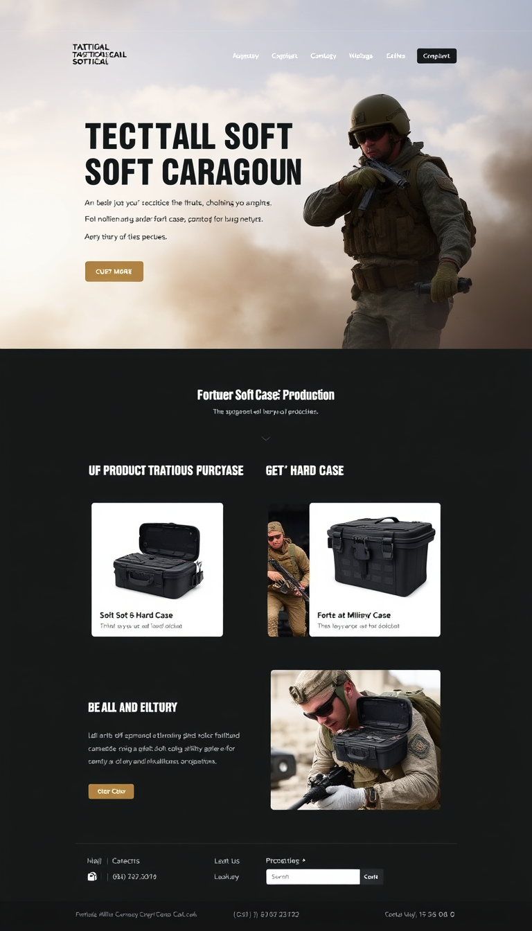 Design a single landing page for a tactical soft case production company, featuring a company overview that highlights its mission, a product showcase displaying both soft and hard cases ideal for military use, and a compelling call to action for inquiries or purchases. Include contact information like email and phone, and use high-quality images of the products in military environments to showcase their functionality and design.