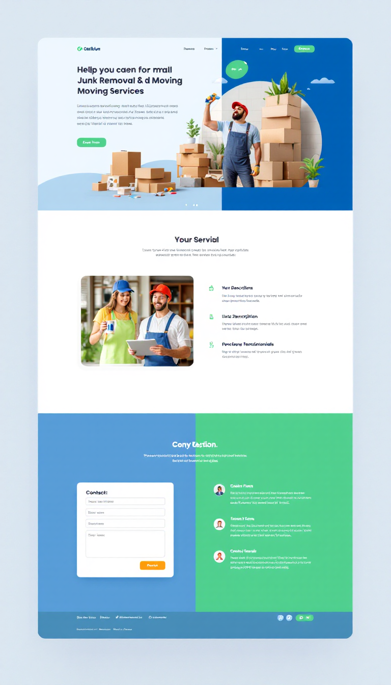 Design a modern one-page website for a small junk removal and moving services business. Incorporate a blue and green color theme, featuring a captivating hero section, detailed service descriptions, a contact form, and customer testimonials, all while ensuring easy navigation for users. Aim for an engaging and trustworthy tone to attract individuals and businesses seeking these services.