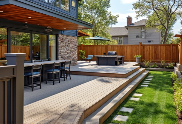 Modern deck and fencing construction with professional installation surrounding a backyard entertainment area
