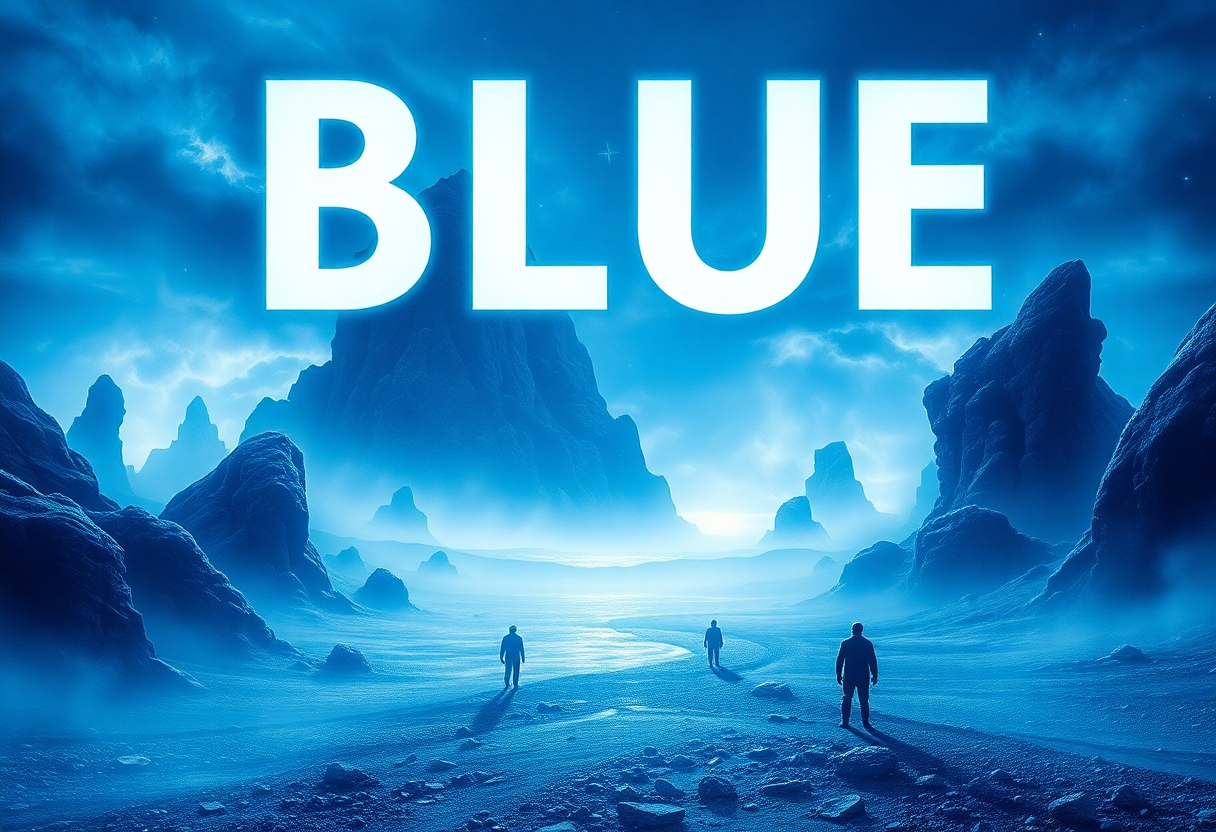 emesis blue movie poster showing a mysterious blue landscape with strange creatures