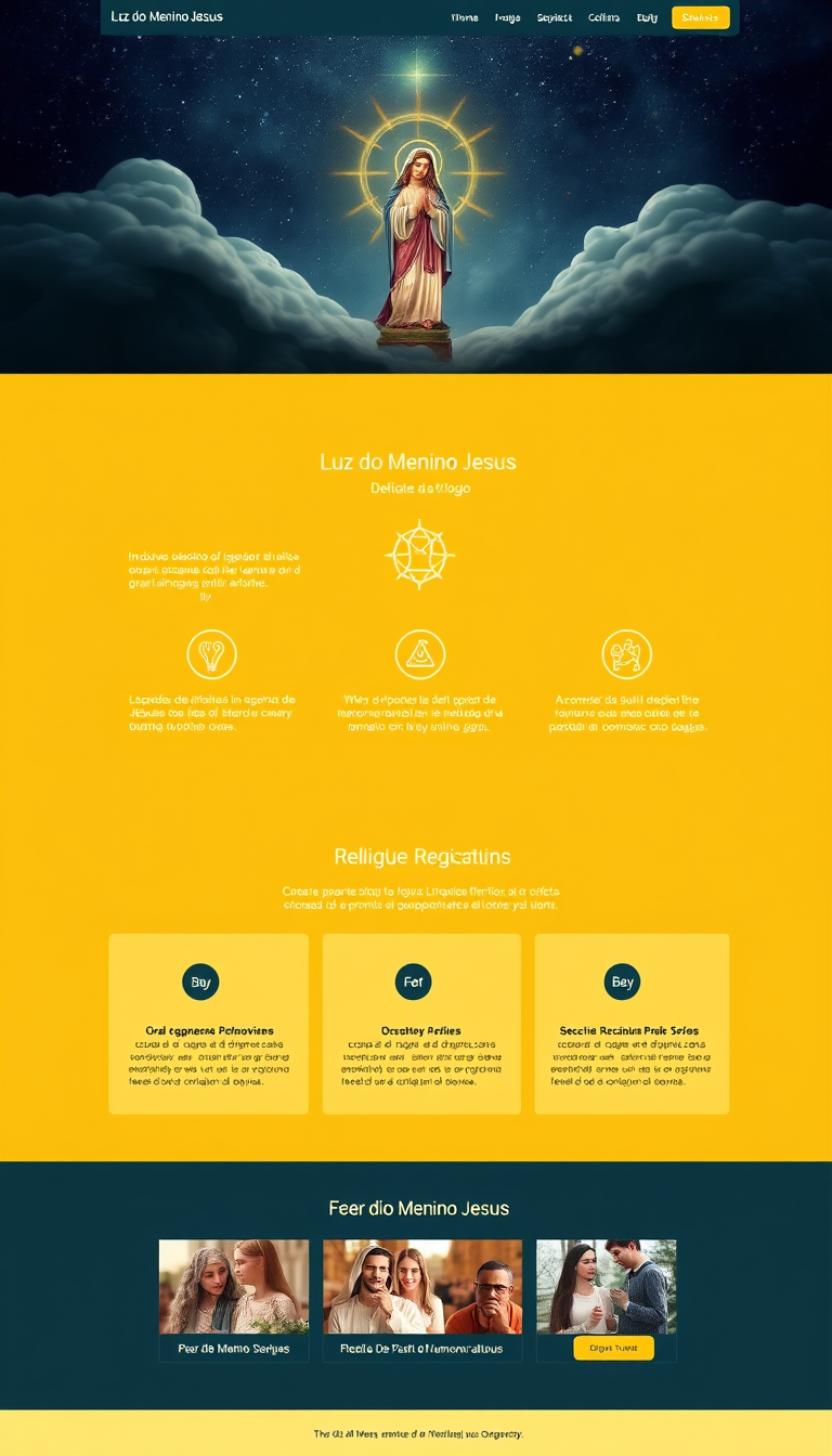 Crie um site simples e clean para o "Luz do Menino Jesus", dedicado à fé e espiritualidade. Inclua uma seleção de artigos religiosos como imagens sacras e terços, além de seções para orações e reflexões que promovem a conexão com o divino.