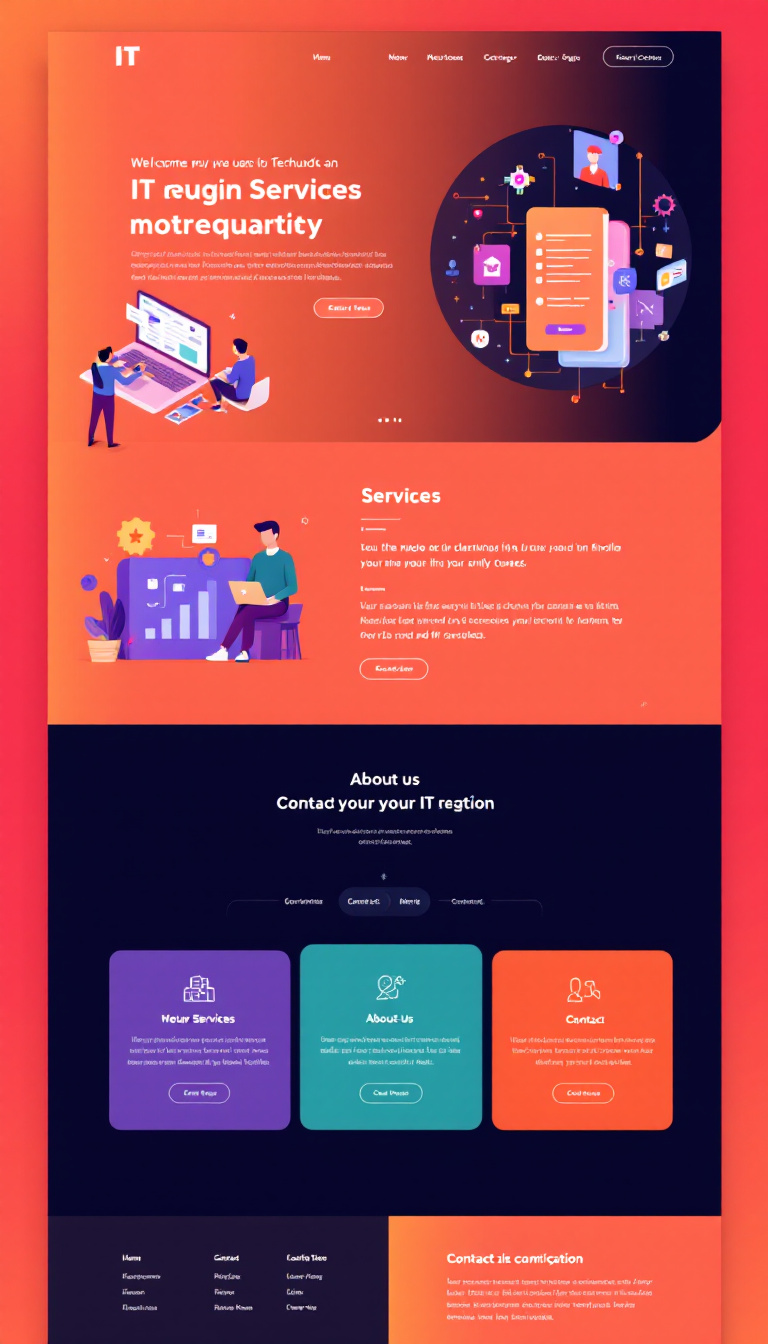 Design a simple and clean one-page website for an IT company, featuring a modern layout, sections for services, about us, and contact information. Make it visually appealing with a tech-focused color scheme and graphics.