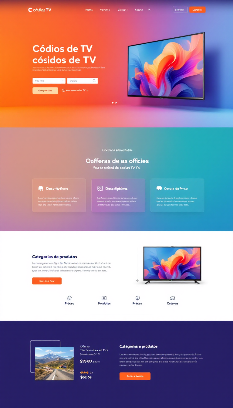 Crie uma página simples e clean para um site de vendas de códigos de TV, destacando ofertas e categorias de produtos. Inclua seções para descrição, preços e um botão de compra.