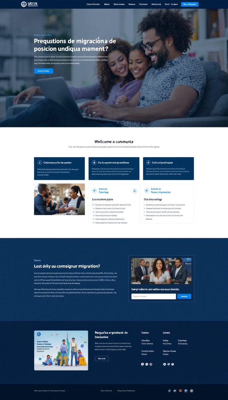 Diseña un sitio web simple y limpio que brinde información interactiva sobre preguntas comunes de migración y USCIS, asegurando la navegación segura y fácil acceso a los subtemas relevantes.