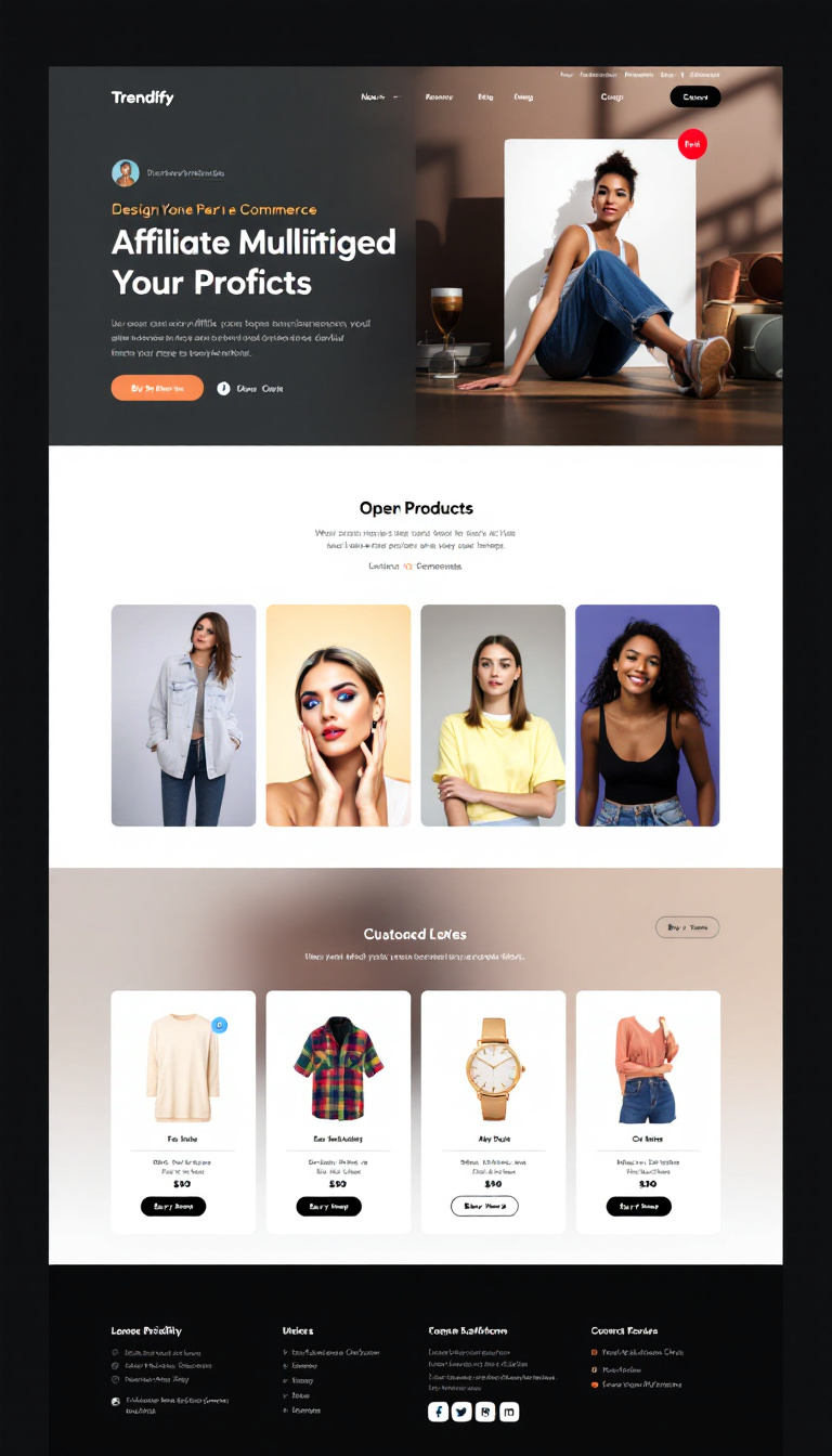 Design a one-page e-commerce website for "Trendify," featuring a clean layout to showcase affiliate products. Include product listings that open detailed information on click, and a customizable buy button linking to the respective platforms.