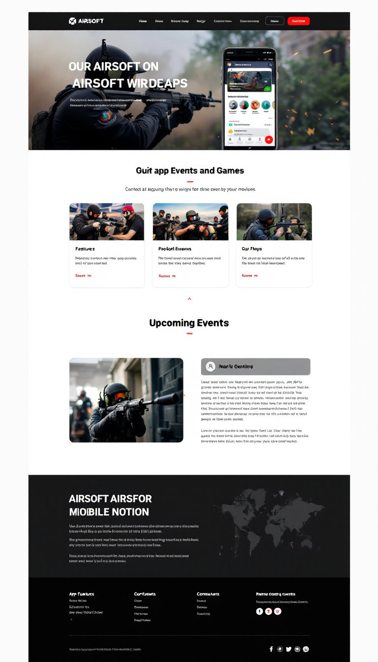 Design a sleek one-page website for an airsoft mobile app focused on events and games. Include sections for app features, upcoming events, and contact information, all while maintaining a clean and user-friendly layout.