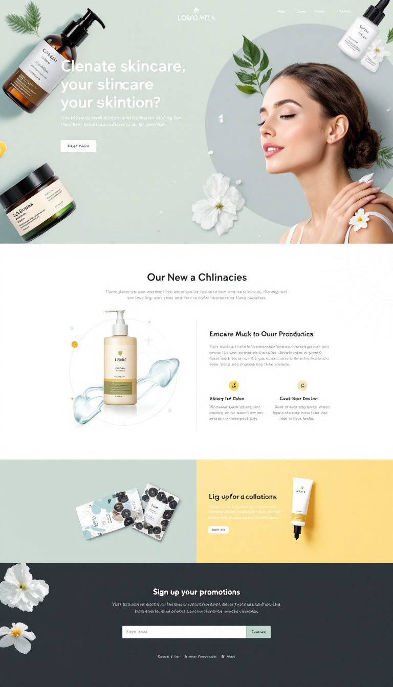 A clean and modern landing page to showcase and sell skincare products, featuring attractive visuals, product descriptions, and a user-friendly layout. Include a prominent call-to-action for purchasing or signing up for promotions.