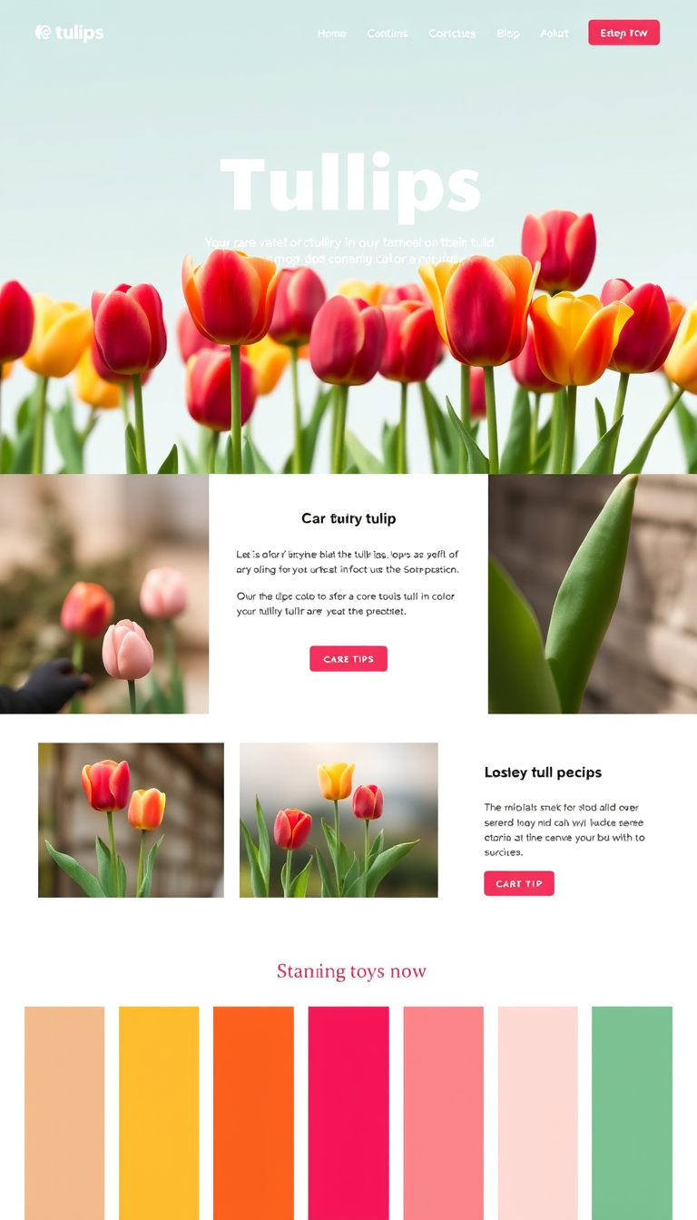 Design a simple, one-page website dedicated to tulips, featuring vibrant images, basic information about their varieties, care tips, and a stunning color palette inspired by tulip fields.