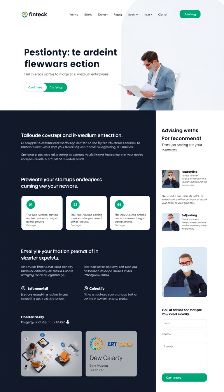 Design a professional single-page website for advising services tailored to startups and small to medium enterprises in fintech, IT product development, and IT services. Include an engaging headline, a brief overview of services, areas of expertise, client testimonials, a call to action, and contact information with a simple inquiry form, all presented in a modern, user-friendly layout.