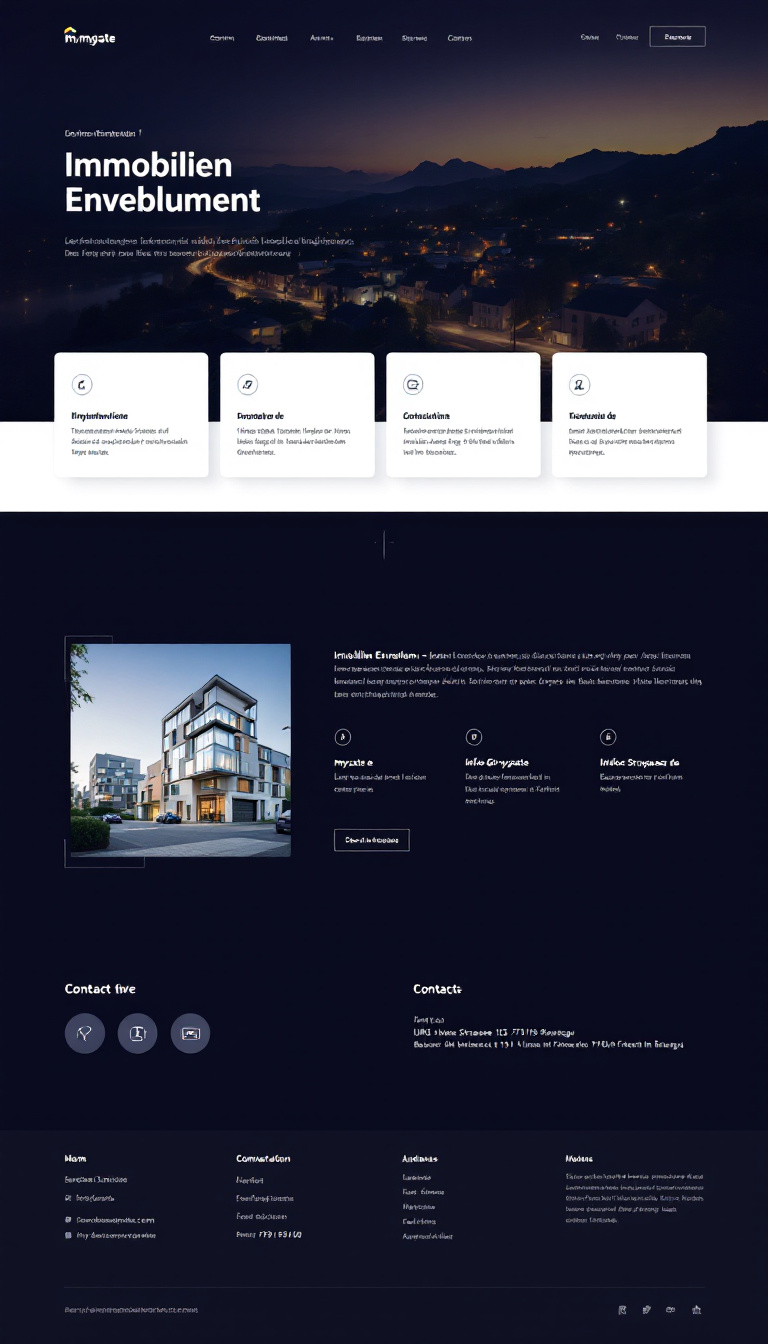 Design a one-page website for "Immobilien Entwicklung" with a clean and modern layout. Include contact information: URL mygate.de, email info@mygate.de, and address Basler Strasse 115, 79115 Freiburg im Breisgau.