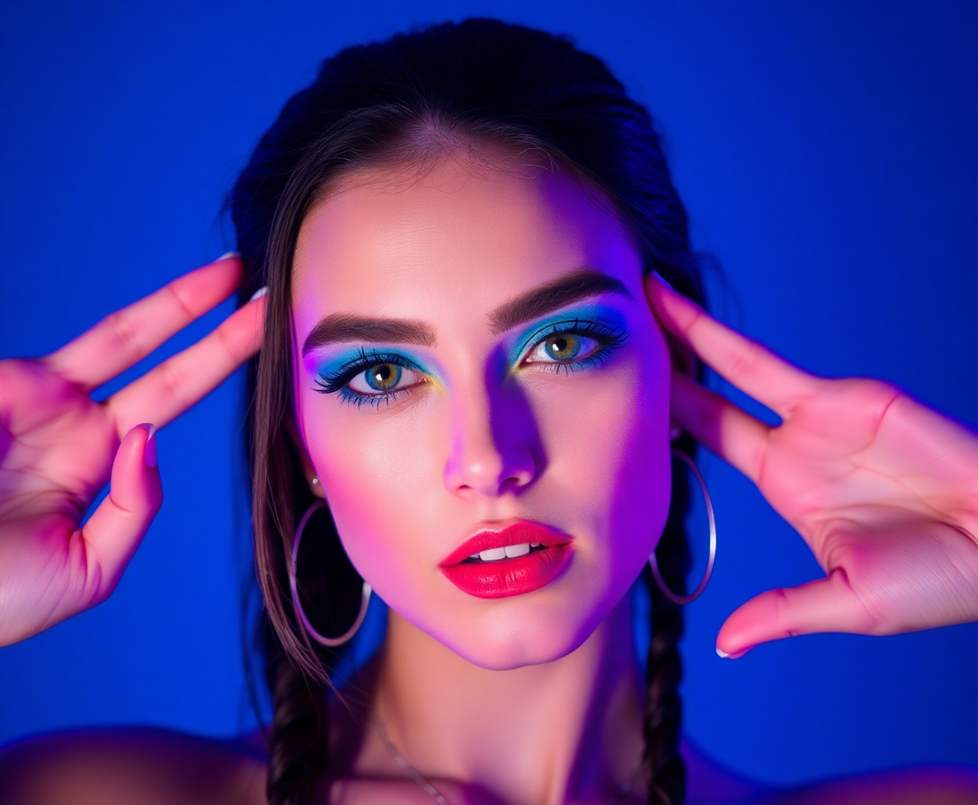 model posing with neon blue light accents, showcasing the neonix style