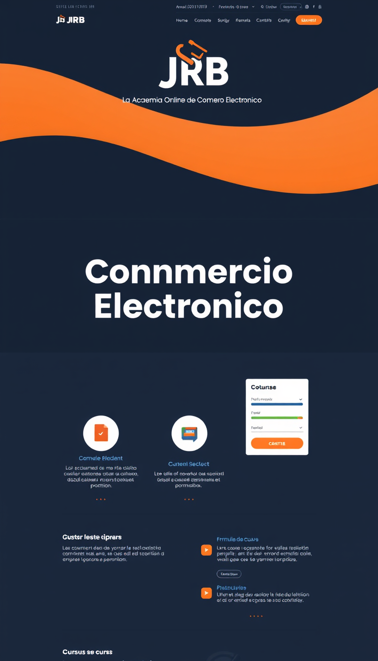 Un diseño para una academia en línea llamada 'La Academia Online De Comercio Electronico JRB'. El estilo debe ser amigable y profesional, dirigido a estudiantes que buscan cursos en línea sobre comercio. Debe incluir una sección de cursos y formularios de inscripción.