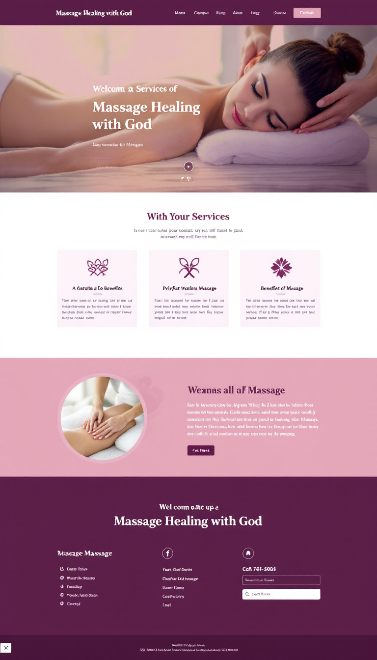 Design a simple one-page website for "Massage Healing with God," showcasing services, a calming color palette, and spiritual themes. Include informational sections about the benefits of massage and contact details.