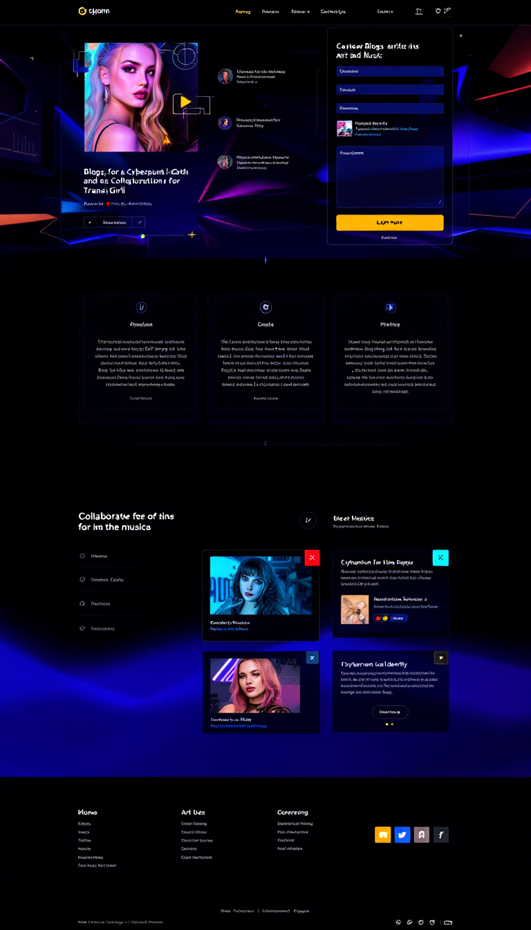 Create a one-page personal website showcasing blogs, art, and music with a cyberpunk goth aesthetic, emphasizing collaboration and a transgirl identity. The design should reflect a moody, futuristic vibe with dark colors and neon accents.