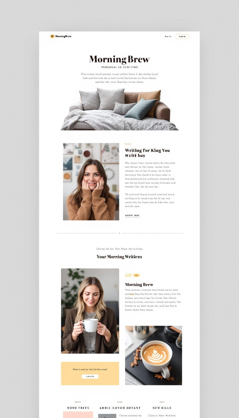 Design a simple and clean one-page website for a personal writing blog titled "MorningBrew." The layout should emphasize readability and feature a cozy, inviting aesthetic with warm colors and engaging typography.