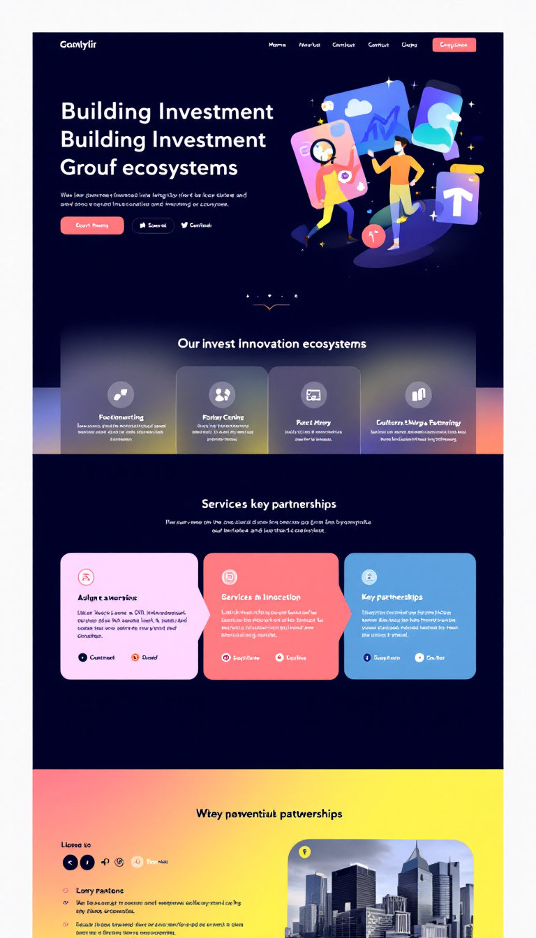 Create a simple and clean one-page website for a company focused on building investment and innovation ecosystems. Highlight their mission, services, and key partnerships in a visually appealing layout.