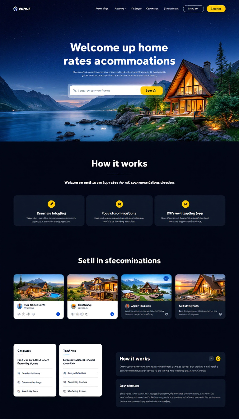 Create a one-page website that serves as a welcoming home for users, featuring a navigation menu, a striking hero section with search capabilities, and a showcase of top-rated accommodations. Include sections for how it works, categories for different lodging types, user testimonials, and a comprehensive footer with essential links and social media.