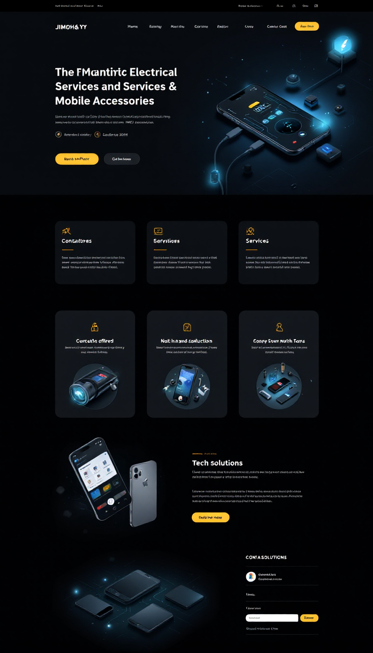 Design a simple and clean one-page website for JIMOH&YY Electrical Services and Mobile Accessories, showcasing tech solutions. Include sections for services offered, contact information, and a brief introduction to the business.
