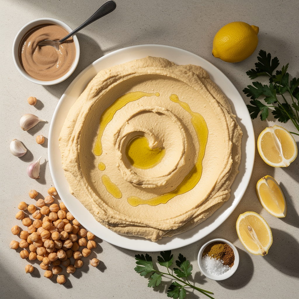 Smooth humus plate surrounded by the main ingredients of chickpeas, garlic, tahini, lemon and salt. Make it plateful and vibrant