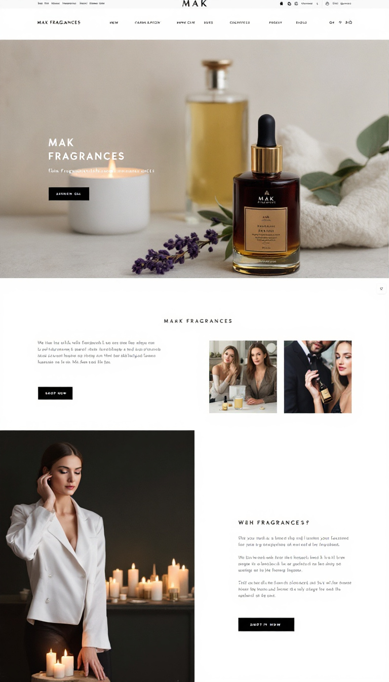 Design a simple and elegant one-page website for "MAK FRAGRANCES," a fragrance oil company. The layout should convey sophistication and highlight the brand's offerings.