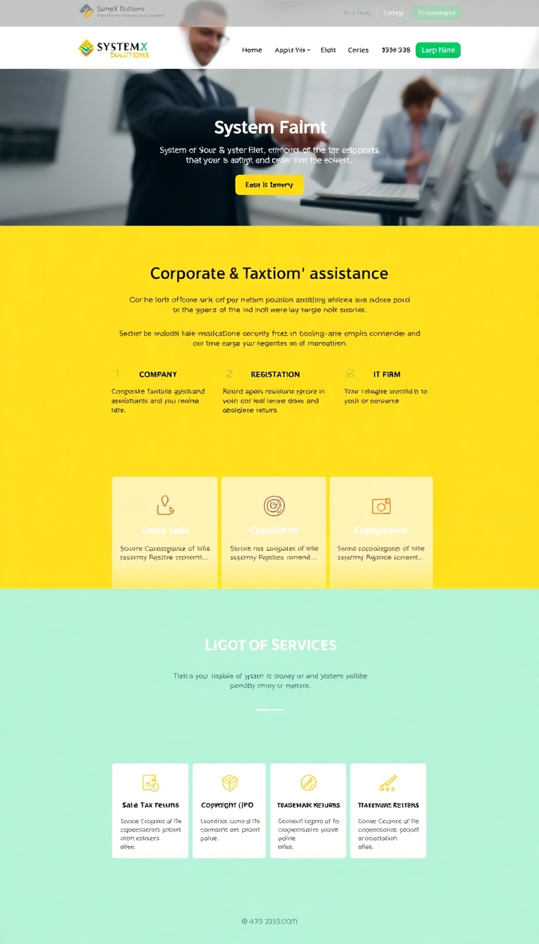 Design a one-page website for SystemX Solutions, highlighting services such as Corporate & Taxation assistance, Company Registration, IT Firm Registration, Sales Tax and Income Tax Returns, as well as Copyright (IPO) and Trademark Registration. Focus on a clean and professional layout.