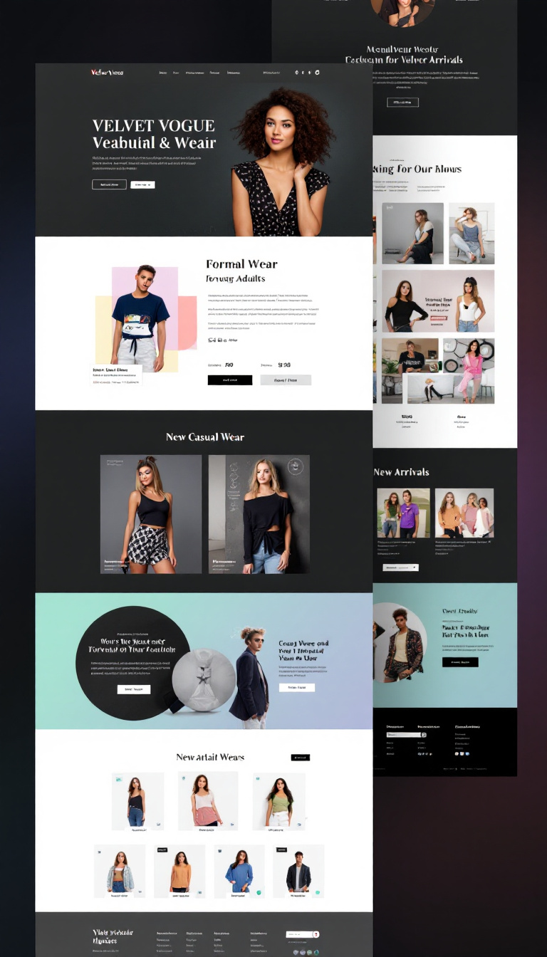 Create a simple, one-page website concept for "Velvet Vogue," featuring a visually appealing layout that showcases trendy casualwear and formal wear for young adults. The design should include sections for promotions, new arrivals, and clear navigation to product categories, along with a shopping cart feature for easy transactions. Focus on a responsive design that reflects the brand’s identity and caters to its target audience.