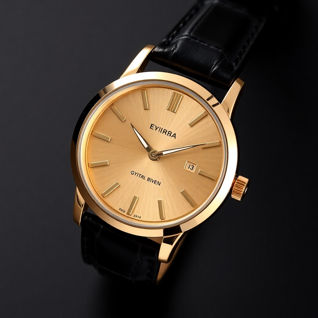 sophisticated gold watch with black leather strap