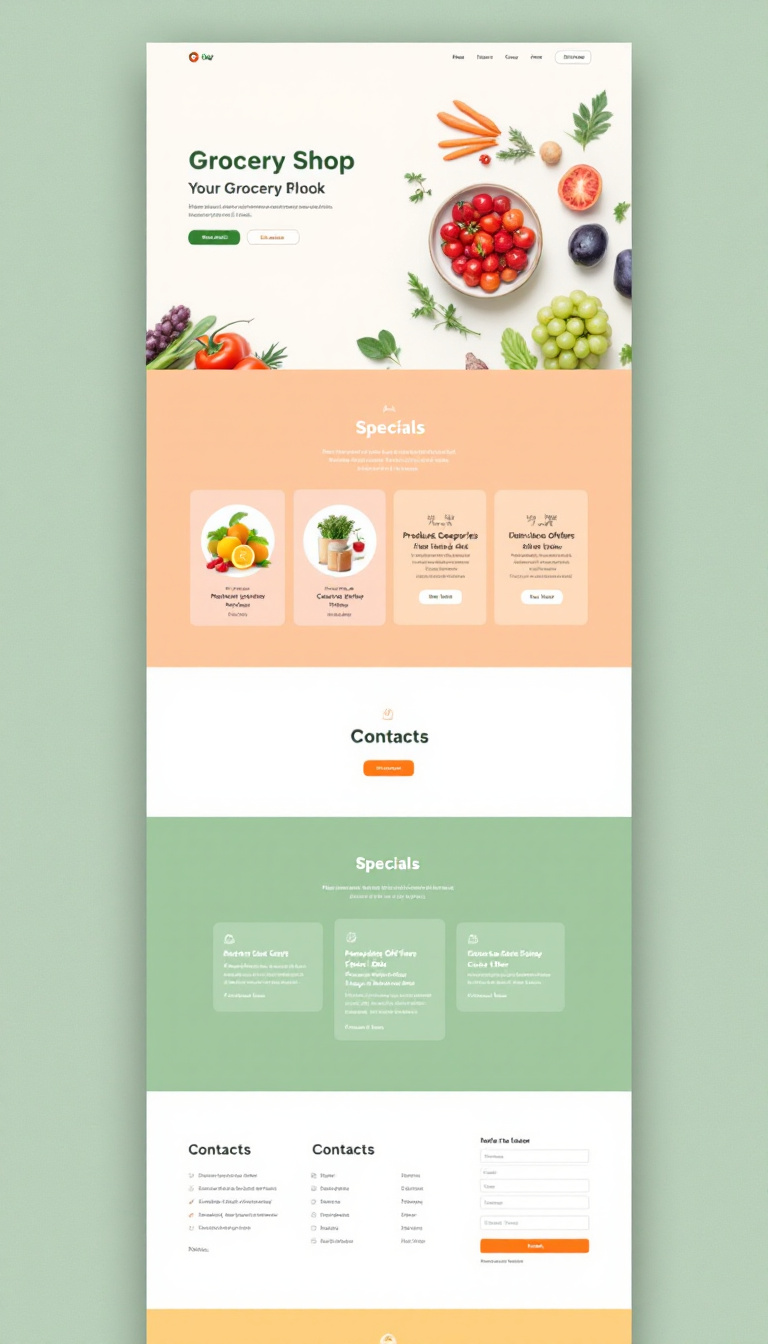 Design a simple and clean one-page website for a grocery shop, featuring sections for product categories, special offers, and contact information. Use an inviting color palette and clear navigation.