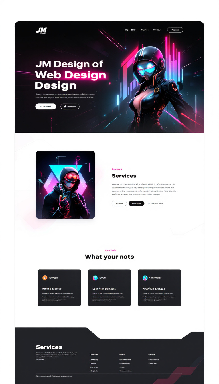 Design a one-page landing website for JM Design, specializing in web design, with a futuristic and cyberpunk aesthetic. The page should feature sleek graphics, neon colors, and a modern layout that highlights services and contact information.