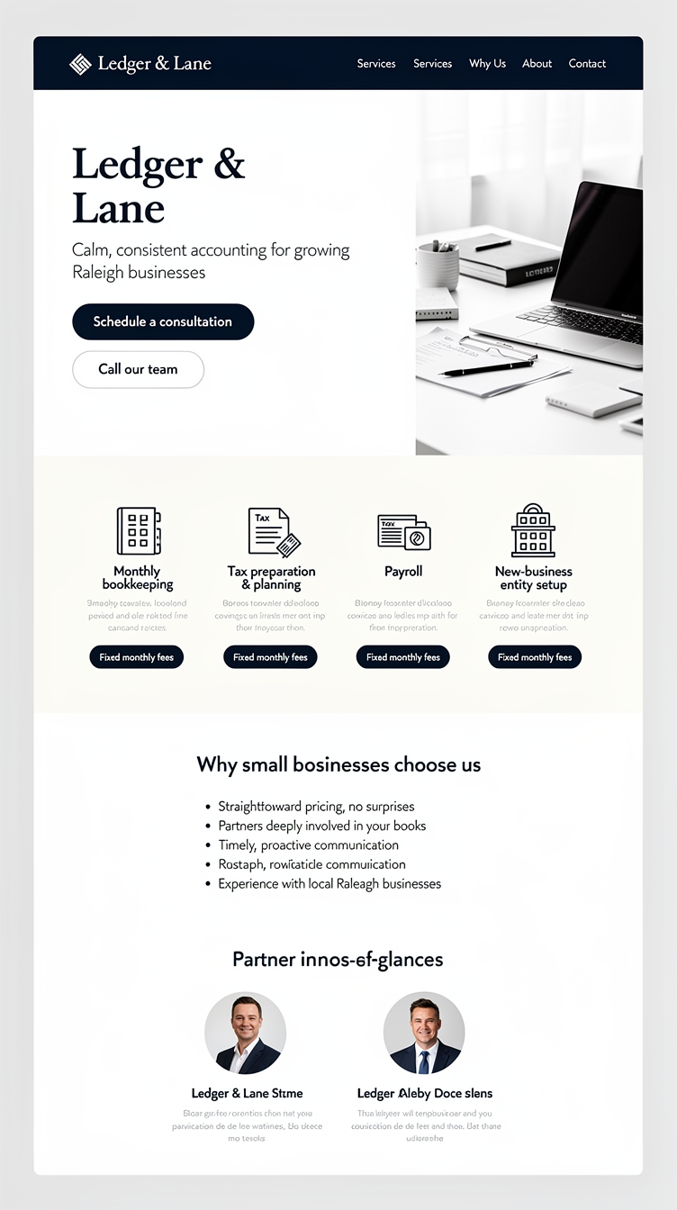 One-page homepage for Ledger & Lane, a two-partner CPA firm in Raleigh, NC, in a conservative navy-and-white palette with generous whitespace, calm precise typography, hero with firm name/logo and short reassuring tagline, brief partner intro, and a prominent consultation CTA. Sections include services-at-a-glance (monthly bookkeeping, tax preparation & planning, payroll, new-business entity setup) with simple icons and a “fixed monthly fees” label, a concise “Why small businesses choose us” bullet list, contact/footer and subtle trust details — clean, professional, and reassuring.