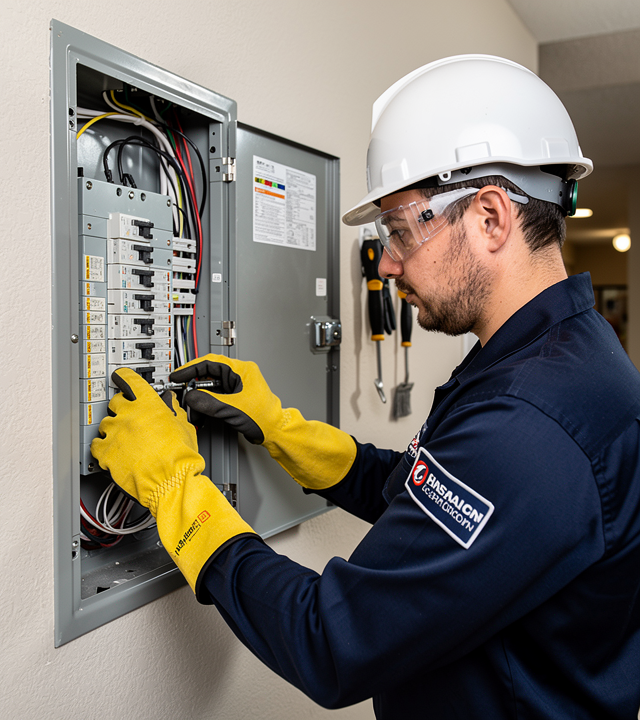 Professional licensed electrician in safety gear working on a residential electrical panel