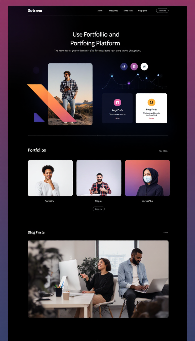 Design a one-page portfolio and blogging platform website using HTML, CSS, JavaScript, React, Node.js, and MongoDB. The site should feature a clean layout highlighting user portfolios and blog posts, with smooth navigation and a modern aesthetic.