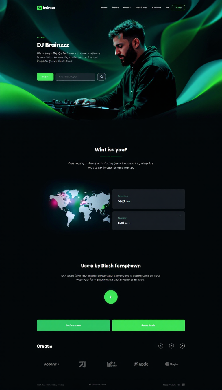 Create a one-page website for DJ Brainzzz with a dark theme featuring green and aqua accents. Incorporate rounded and translucent elements, using the specified font imports and color schemes for a modern, sleek design.