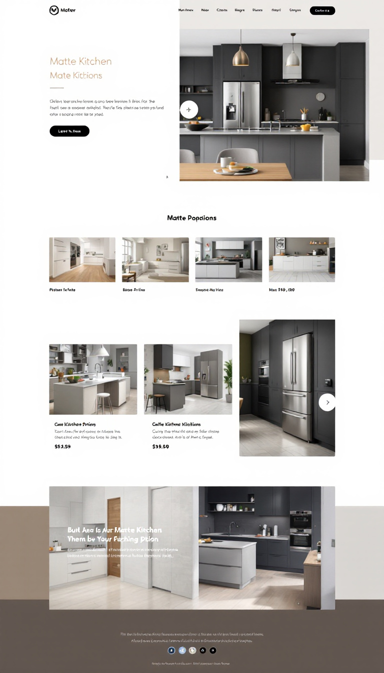 Design a simple one-page website showcasing matte kitchen options and their prices. Focus on a clean layout with appealing visuals and easy navigation.