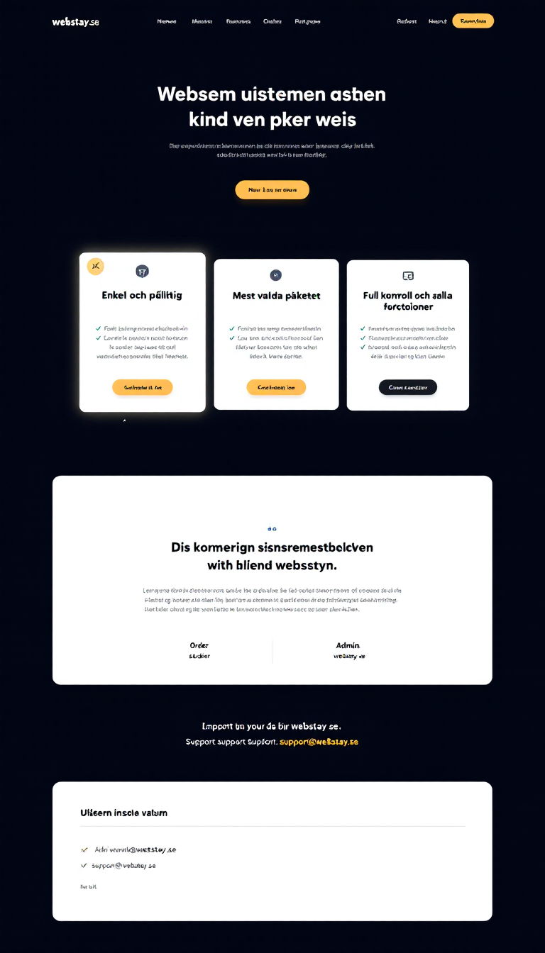 Create a single-file homepage (home.html) with a dark theme in Swedish, showcasing three subscription plans: "Enkel och pålitlig," "Mest valda paketet," and "Full kontroll och alla funktioner." Include appealing animations, scrolling effects, and two buttons linking to webstay.se/order and admin.webstay.se, along with a support email: support@webstay.se.