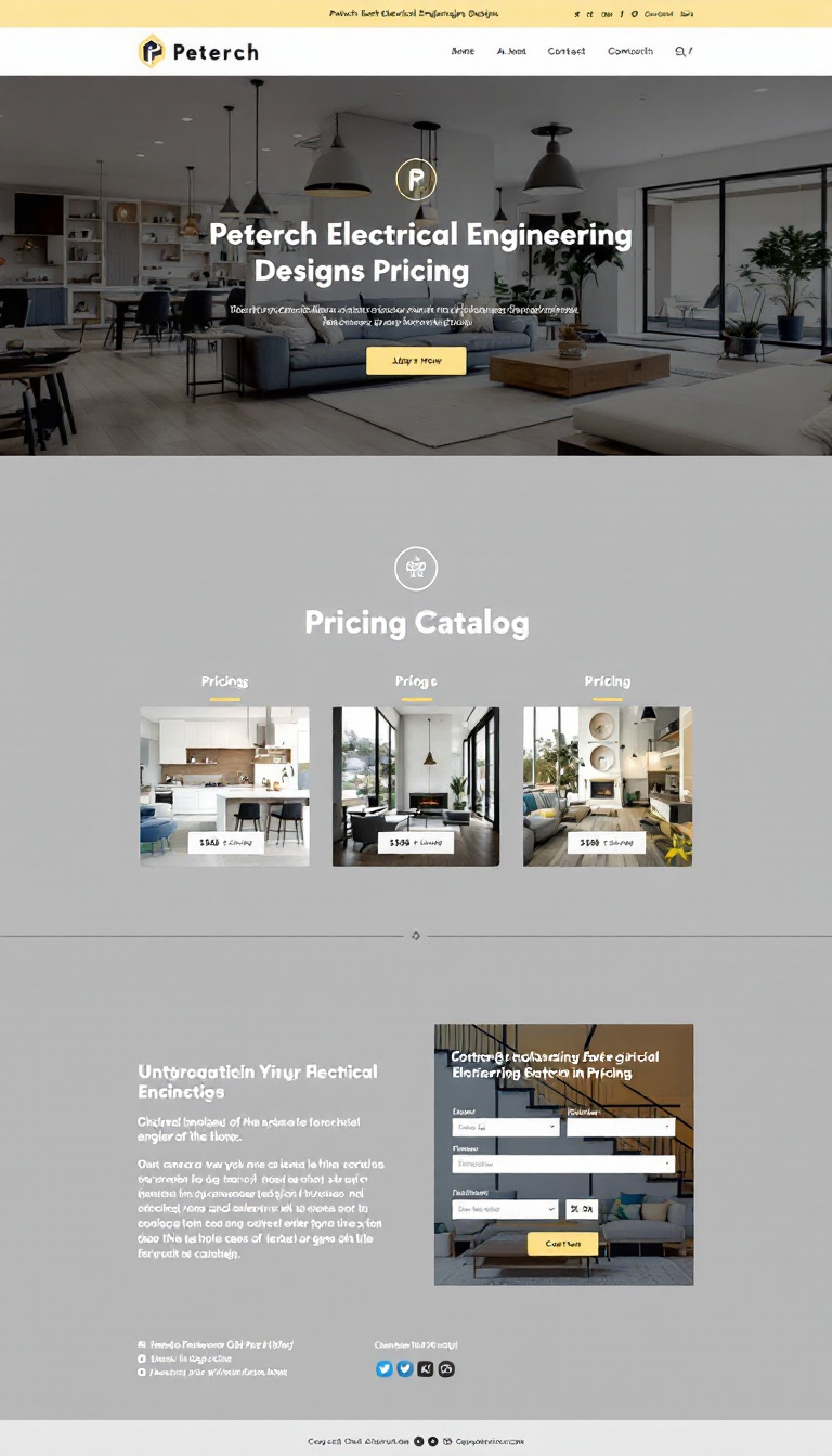 Create a one-page website for "Peterch Electrical Engineering Designs Pricing" featuring a clean layout. Include sections for an introduction, a pricing catalog with high-quality images, a detailed pricing breakdown, and contact information. Ensure social media links and a copyright notice are included in the footer.