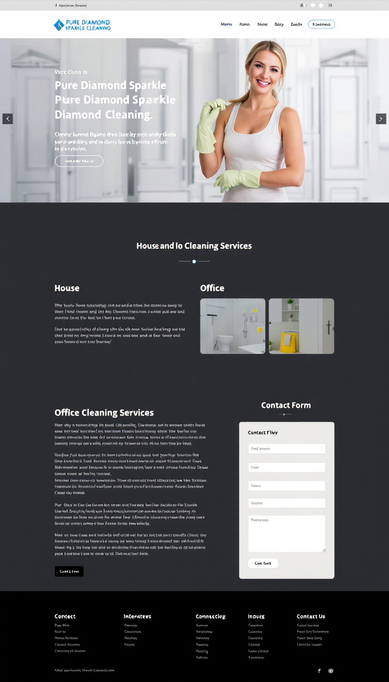Design a modern, one-page website for Pure Diamond Sparkle Cleaning, featuring a clean and minimalistic layout. Include sections for house and office cleaning service descriptions, along with a contact form for inquiries.