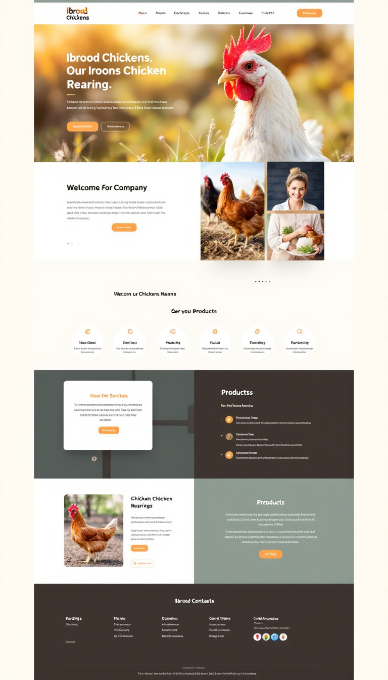Design a simple one-page website for "Ibrood Chickens," a chicken rearing company. The layout should be clean and modern, showcasing their services, products, and contact information.