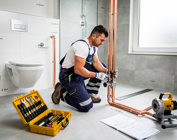 Professional plumber in Romania working on pipe installation in a modern bathroom