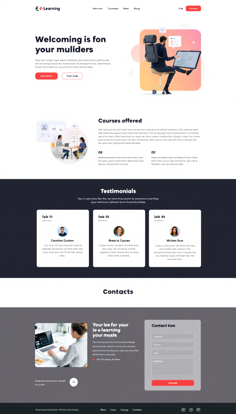 Design a simple, clean one-page website for an e-learning business, showcasing courses offered, testimonials, and a contact section. The layout should be user-friendly with a professional look.