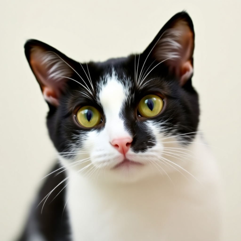 black and white cat with curious expression on purrmatch adoption platform